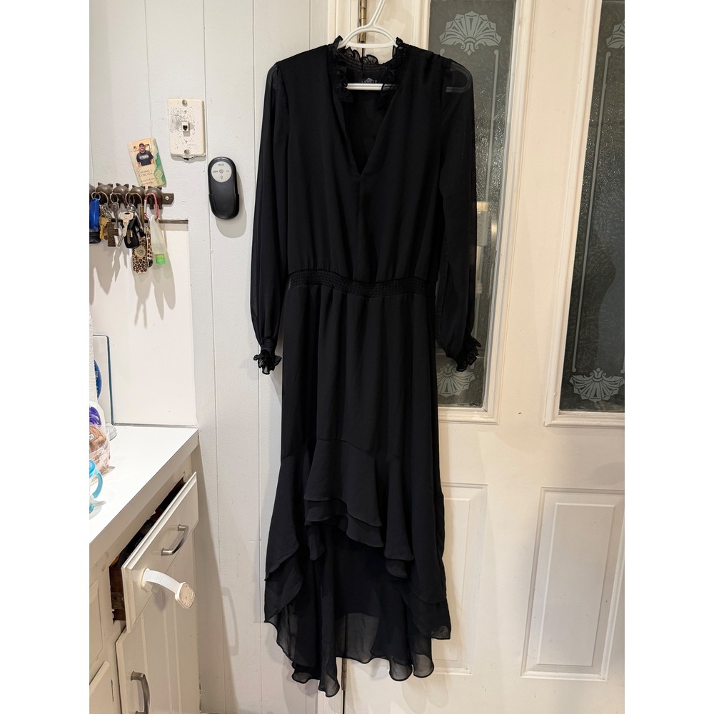 1.STATE Black High-Low Ruffle Midi Dress Long Sleeve V-Neck Smocked Waist Small